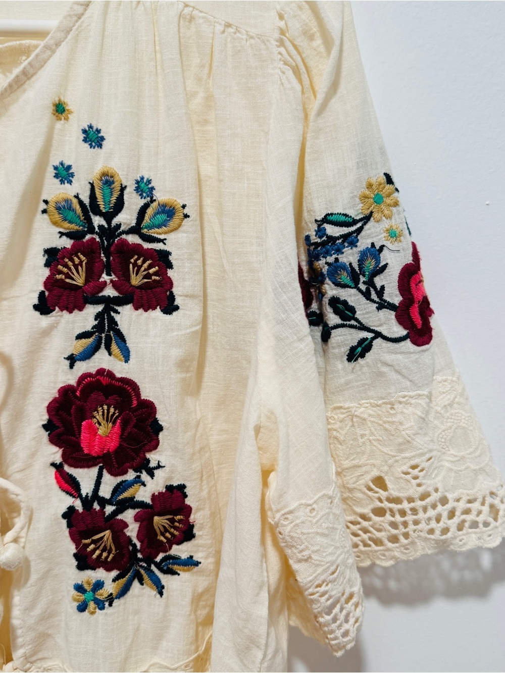 Jennifer & Grace Cream Embroidered Tie-Front Blouse - Picture 4 of 11